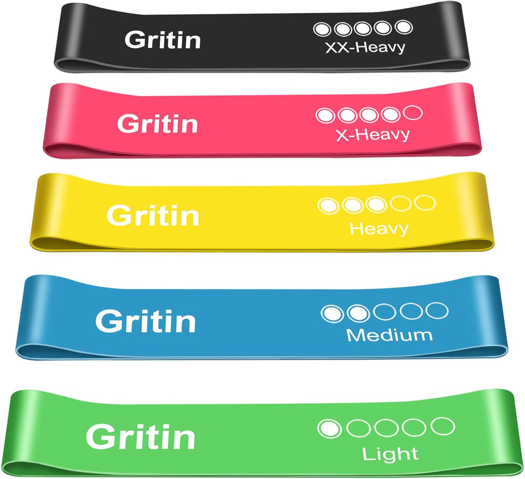 Gritin Resistance Bands, Set of 5 Skin-Friendly Resistance Fitness Exercise Loop Bands with 5 Different Strength Levels - Carrying Case Included - Ideal for Home, Gym, Yoga, Training