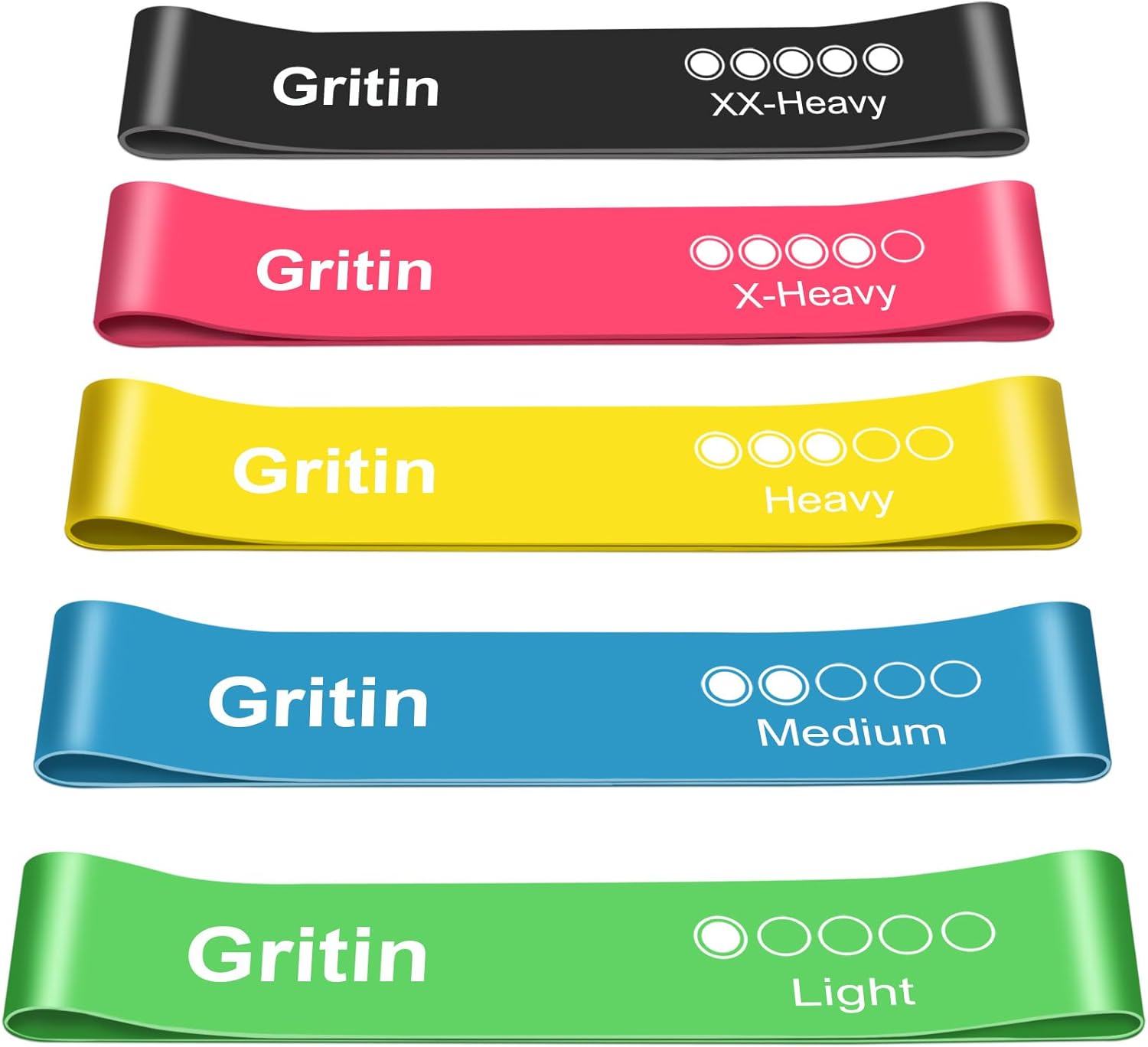 Gritin Resistance Bands, Set of 5 Skin-Friendly Resistance Fitness Exercise Loop Bands with 5 Different Strength Levels - Carrying Case Included - Ideal for Home, Gym, Yoga, Training