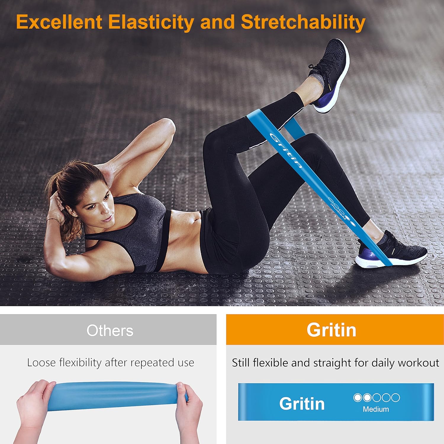 Gritin Resistance Bands, Set of 5 Skin-Friendly Resistance Fitness Exercise Loop Bands with 5 Different Strength Levels - Carrying Case Included - Ideal for Home, Gym, Yoga, Training