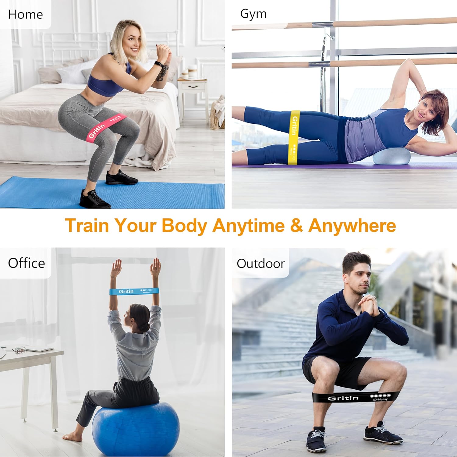 Gritin Resistance Bands, Set of 5 Skin-Friendly Resistance Fitness Exercise Loop Bands with 5 Different Strength Levels - Carrying Case Included - Ideal for Home, Gym, Yoga, Training